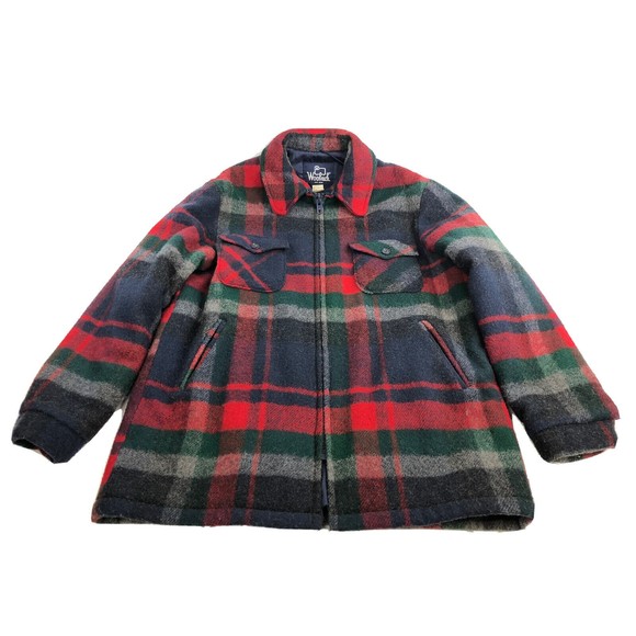 Woolrich Men Muti Plaid Collared Long Barn Coat Size L lined Vintage Made USA - Picture 1 of 11